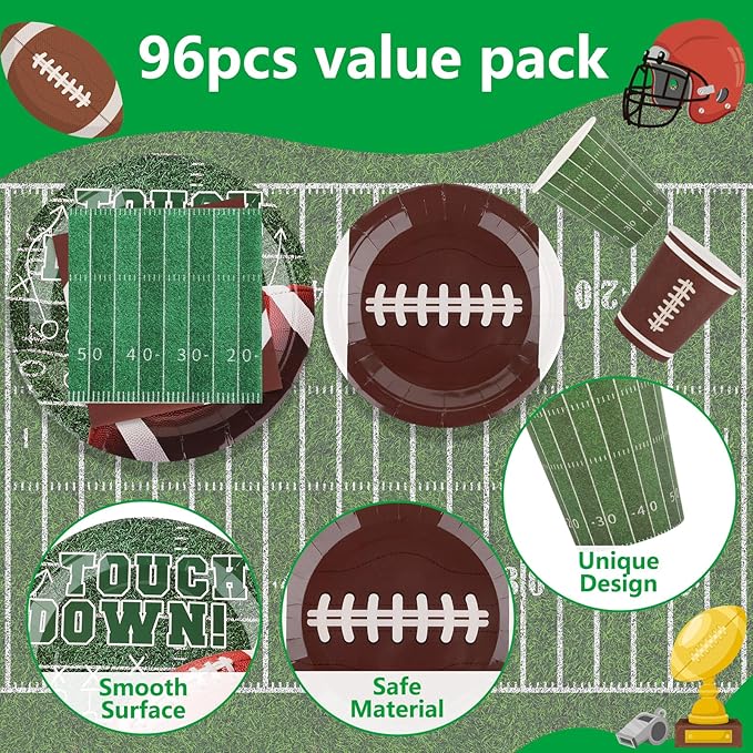 Football Party Supplies Set for 24-Disposable Paper Plates and Napkins, Cups, Touchdown Football Tableware Party Decorations for Birthday Themed Game Day Tailgate Table Decor