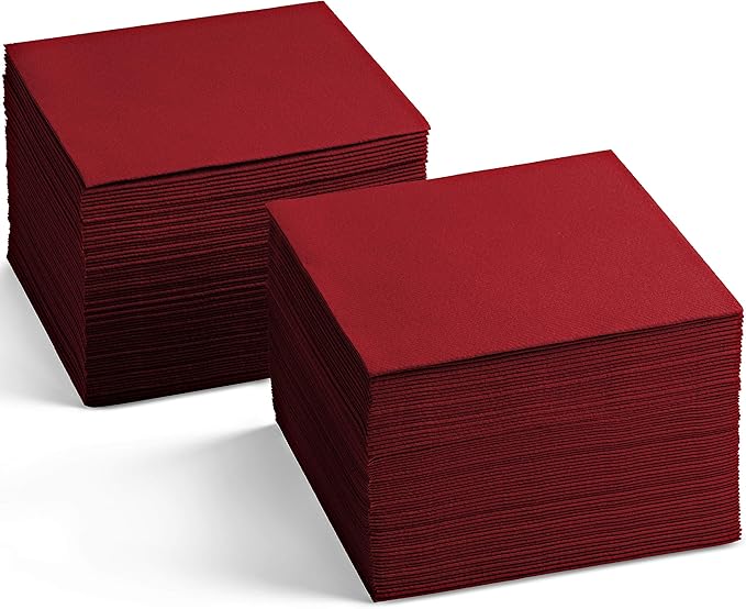 Disposable Linen-Feel Cocktail Napkins, 200-Pack 5" x 5" BURGUNDY Paper Beverage Napkins For Bar, Restaurant And Café, Dessert Napkins For Party, Wedding Or Event