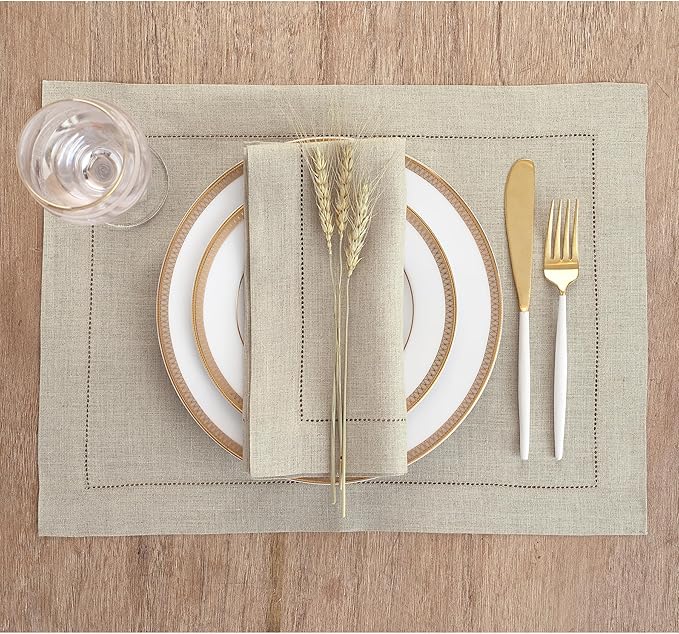 Solino Home Natural Linen Napkins Set of 6-100% Pure Linen Hemstitch Dinner Napkins 20 x 20 Inch for Fall, Autumn, Christmas, Holiday, New Year - Classic Hemstitch