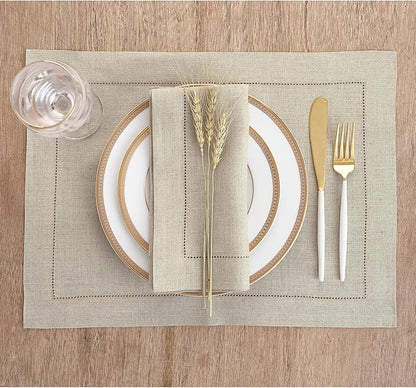 Solino Home Natural Linen Napkins Set of 6-100% Pure Linen Hemstitch Dinner Napkins 20 x 20 Inch for Fall, Autumn, Christmas, Holiday, New Year - Classic Hemstitch
