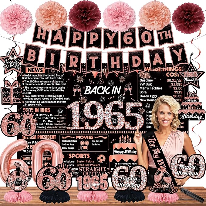 22pcs-60th birthday decorations, 1965 Banner Party Supplies, 60th Birthday Decorations for Women, Rose Gold 60 Year Old Birthday Backdrop,Vintage 60Birthday Honeycomb+Hanging Swirl+Paper Poms+Pump