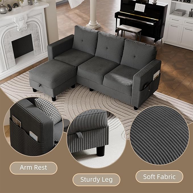JAMFLY Convertible Sectional Couches for Living Room, L-Shaped Couch 3 Seat Sectional Sofa Set with Corduroy Fabric and Movable Ottoman Small Couch for Apartments, Office（Dark Grey）