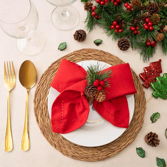 Blue Needles Set of 6 Hemstitch Linen Napkins 100% Cotton Red Cloth Dinner Napkins 18x18 inches, Soft, Reusable, Absorbent, Washable, Ideal for Fall Thanksgiving Events, Parties & Everyday Use