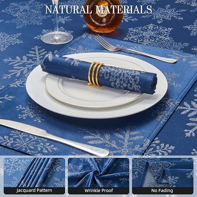 Cloth Napkins Set of 8–Square Jacquard Sparkling Metallic Snowflake Fabric Polyester Washable Reusable Cloth Napkins for Kitchen Dinner Dining Restaurant Wedding Table(Navy Silver/17x17 Inch)