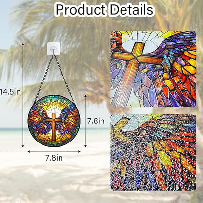 Stained Glass Window Hanging - Jesus Cross Wings Suncatcher Ready to Hang Window Doors Home Decoration and Christmas, Mother's Day Birthday Gifts for Women, Men, and Mom 7.8x7.8 in