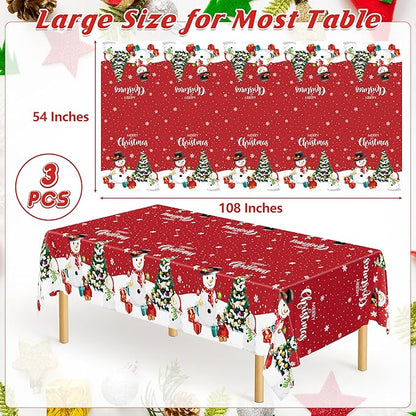 QZYL 3 Pack Christmas Tablecloths, 54" x 108" Snowman Christmas Decorations, Rectangle Holiday Plastic Tablecloth Xmas Disposable Table Cover, Xmas Table Decor Holiday Party Supplies