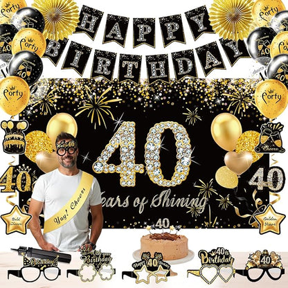 40th Birthday Decorations,39pcs-40th Birthday Decorations for Men & Women,Black Gold 40th Birthday Eyeglasses Decorations Banner Balloons Backdrop Hanging Swirls Paper Fans ,1985 Banner Party Supplies