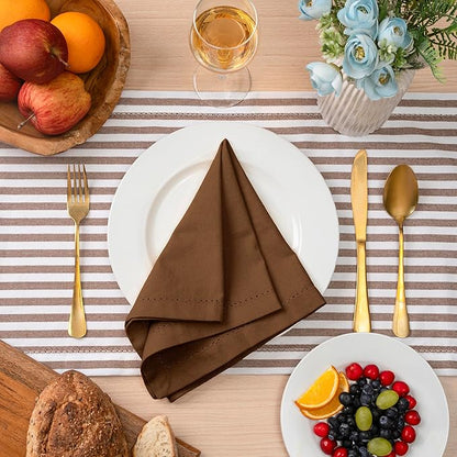 Blue Needles Set of 12 Hemstitch Linen Napkins 100% Cotton Nut Brown Cloth Dinner Napkins 18x18 inches, Soft, Reusable, Absorbent, Washable, Ideal for Fall Thanksgiving Events, Parties & Everyday Use