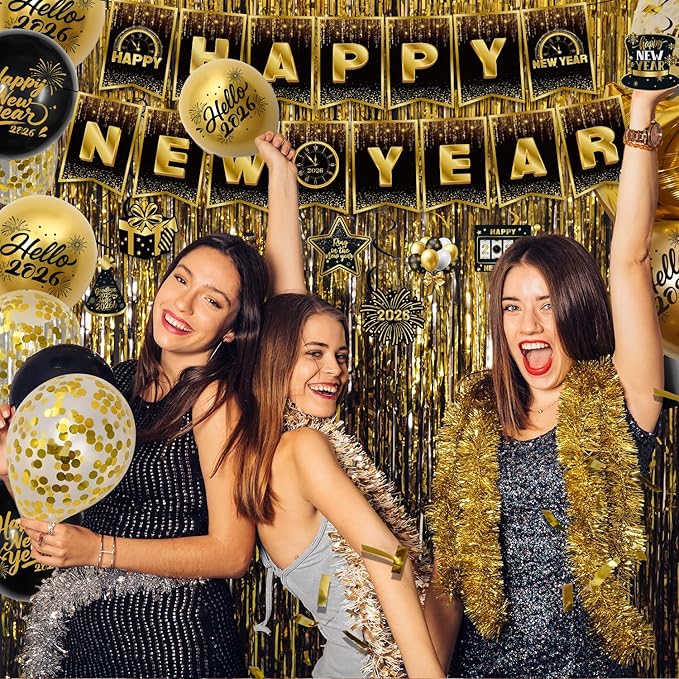 New Years Decorations 2026 - Happy New Years Eve Party Supplies Include Banner, Backdrop, Door Banner, Foil 2026 Balloons, Latex Balloons, Swirls for NYE Party Decorations