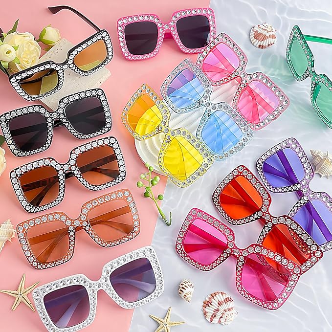 Pibupibu 4/8/16 Pack Colorful Bling Crystal Sunglasses Oversized Square Glitter Rhinestone Sunglasses for Women Party Favors