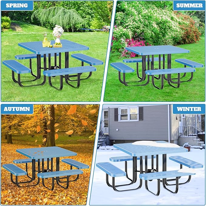 47'' Heavy-Duty Metal Picnic Tables with Umbrella Hole, Outdoor Steel Heavy Duty Commercial Grade Black Table, Outdoor Bench Set for Lawn, Patio, Park, Yard, Garden, Porch (Set B, Square)