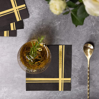 Gold on Black Cocktail Napkins - 100 Pack, 5" x 5", 3-Ply Paper - Style Name: Blissful Crossing