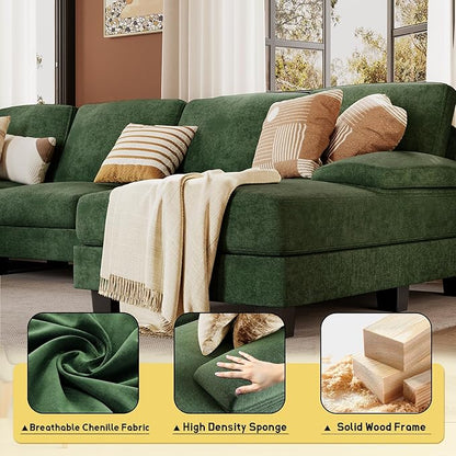 JUMMICO Sectional Couches for Living Room, U Shaped Couch with Chenille Fabric, 4 Seat Modern Sofa with Removable Pillows for Apartment and Small Space (Fabric, Green)