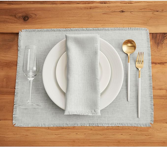 Solino Home Linen Light Grey Placemats Set of 4-100% Pure Linen Placemats 14 x 19 Inch for Fall, Autumn, Christmas, New Year - Fringe, Handcrafted and Machine Washable