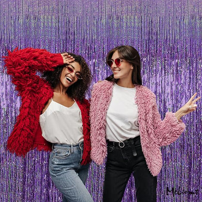4 Pack 3.2Ft x 8.2Ft Light Purple Fringe Curtain Backdrop, Sparkle Metallic Tinsel Foil Fringe Streamers Background for Photo Booth Birthday Wedding Baby Shower Halloween Christmas Party Decorations