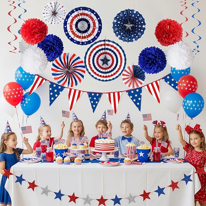 32PCS 4th of July Patriotic Decorations Red White Blue Paper Fans USA Flag Pennant Star Streamer Pom Poms Hanging Swirls For Veterans Labor Presidents Flag Memorial Day Indoor Outdoor Outside