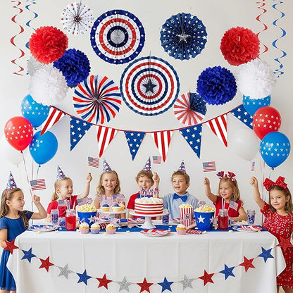 32PCS 4th of July Patriotic Decorations Red White Blue Paper Fans USA Flag Pennant Star Streamer Pom Poms Hanging Swirls For Veterans Labor Presidents Flag Memorial Day Indoor Outdoor Outside