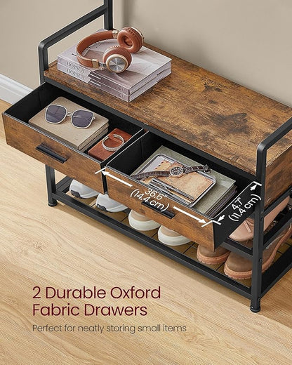 VASAGLE Hall Tree with Bench and Shoe Storage, Entryway Coat Rack with Shoe Bench, 2 Fabric Drawers, 10 Hooks, 11.8 x 31.7 x 71.5 Inches, Vintage Brown and Ink Black UHSR429B01