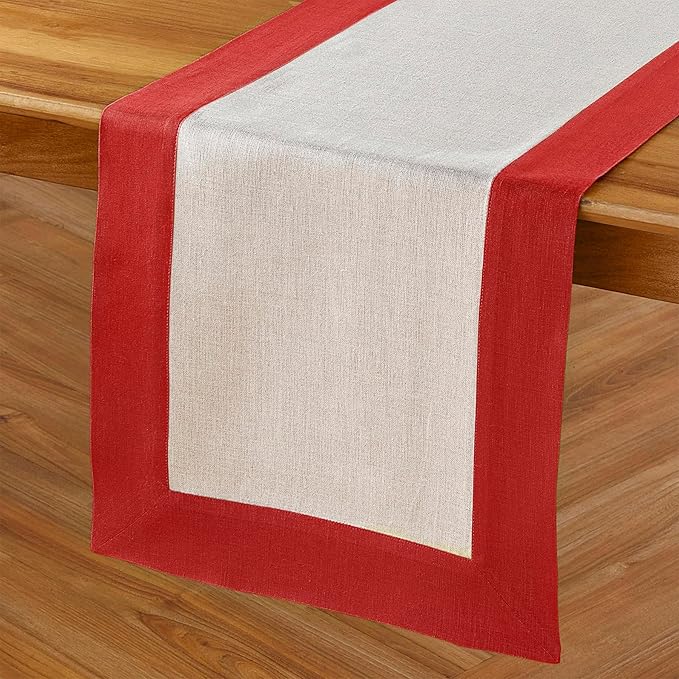 Solino Home Linen Table Runner 90 Inches Long - Red and Natural 100% Pure Linen 14 x 90 Inch Table Runner for Dining, Fall, Autumn, Christmas, Holiday, Winter, New Year - Contempo