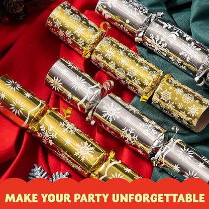 JOYIN 8 Pack Christmas No Snap Party Table Favor with Gold & Silver Snowflake Design, with Party Hat, Joke & Little Gift Inside, for Xmas Gift, Christmas Seasonal Holiday Dinner