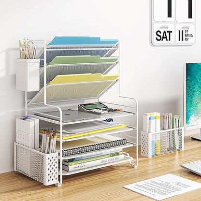 Simple Trending 7 Tier Desk File Organizer, Letter Tray Paper Organizer with Pen Holder and Metal Hanging Basket, White
