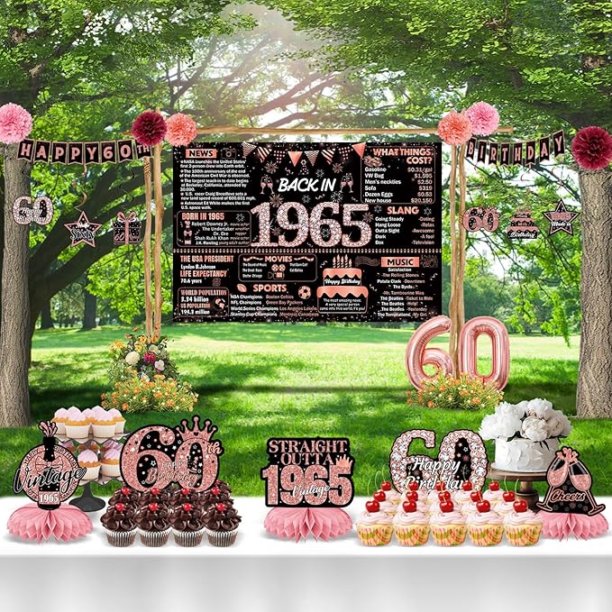 22pcs-60th birthday decorations, 1965 Banner Party Supplies, 60th Birthday Decorations for Women, Rose Gold 60 Year Old Birthday Backdrop,Vintage 60Birthday Honeycomb+Hanging Swirl+Paper Poms+Pump