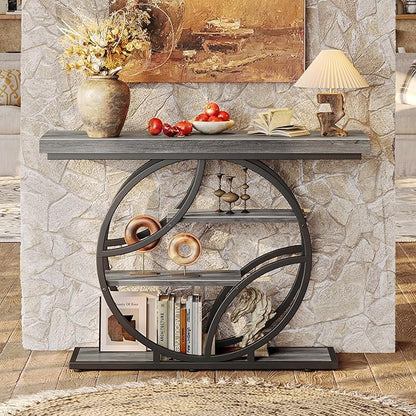 Huuger 41.3 Inch Entryway Table, Modern Console Sofa Table, Accent Table with Shelves, for Entry, Hallway, Entrance, Foyer, O-Shaped Metal Frame, Light Grey