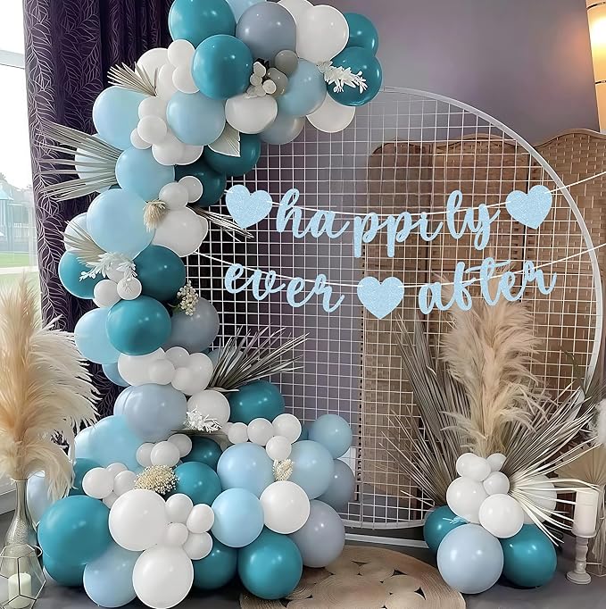 Pre-Strung Happily Ever After Banner - Light Blue Glitter Bachelorette Bridal Engagement Party Decoration Supplies, Bachelorette Wedding Party Banner for Engagement, Bridal Shower, Wedding Party Photo Booth Props