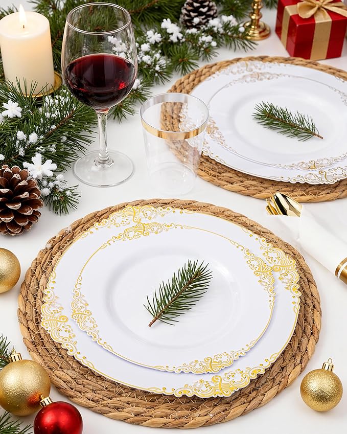 Nervure 350PCS Gold Plastic Dinnerware - White and Gold Disposable Plates for 50 Guests - 100 White Disposable Plates, 150 Plastic Silverware, 50 Cups, 50 Napkins for Wedding & Party & Thanksgiving