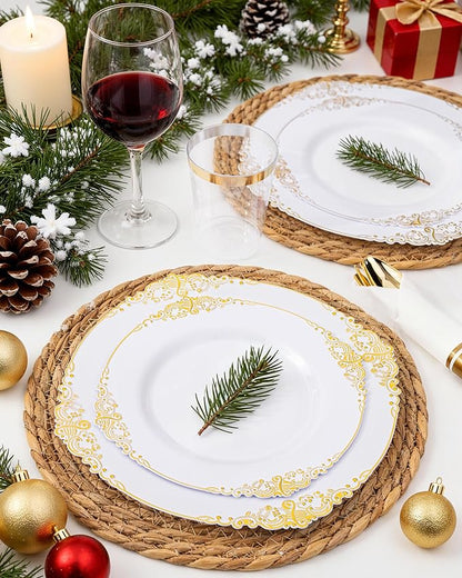 Nervure 175PCS White and Gold Plastic Plates - Disposable Dinnerware Set Include 50 Gold Plates for Dinner and Dessert, 75 Cutlery, 25Cups 25Napkins for Wedding & Party & Thanksgiving