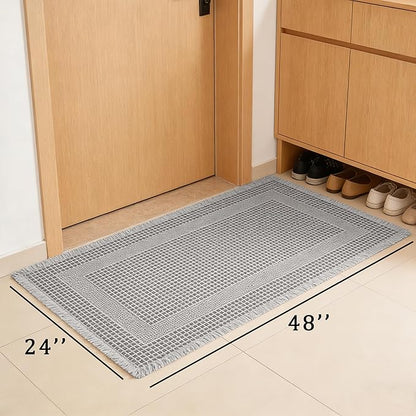 Waffle Bath Mat Non Slip, Boho Runner Rug, Super Absorbent Quick Dry Long Bath Runner Bathroom, Soft Farmhouse Bath Rug with Tassels, Washable Shower Mats for Floor 24"x48", Square Light Grey