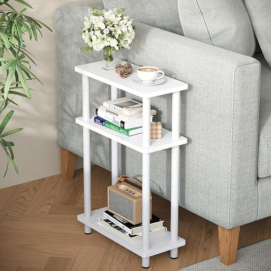 Apicizon Small Narrow Side Table, 3-Tier Skinny End Table with Storage Shelf, Slim Nightstand Bedside Table for Small Spaces, Living Room, Bderoom, White