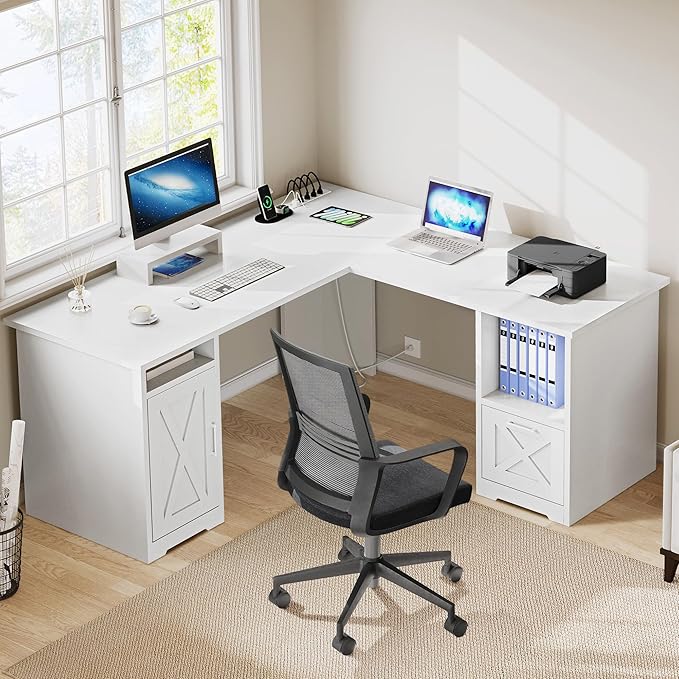 YITAHOME L Shaped Desk with Power Outlets, 60 Inch Computer Desk Corner Desk with File Drawer, Home Office Desk with Monitor Stand & Storage Shelves, L-Shaped Desk with File Cabinet, White