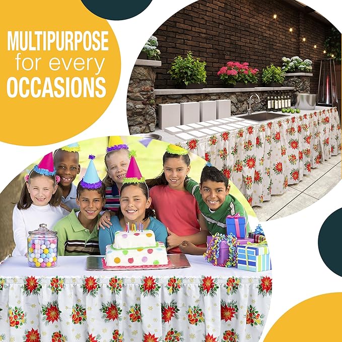 Exquisite Ruffle Table Skirt Holiday 2 Pack 14 Ft Long for Rectangle 6ft Plus or Round Tables With Adhesive Strip for Gender Reveal Decor & Happy Birthday Parties