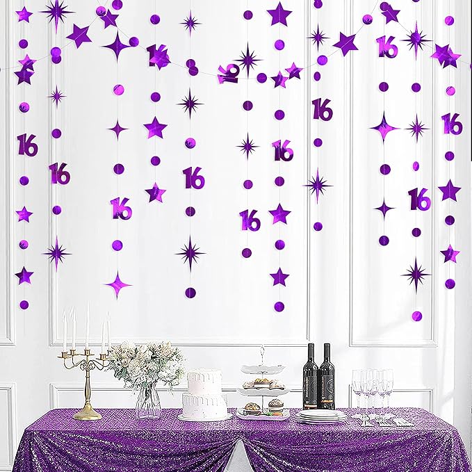 Purple Number 16 Circle Dot Twinkle Star Garland Kit Metallic Hanging Streamer Bunting Banner Backdrop Decorations for Girls Boys 16th Birthday Sweet Sixteen Wedding Anniversary Bridal Shower Party