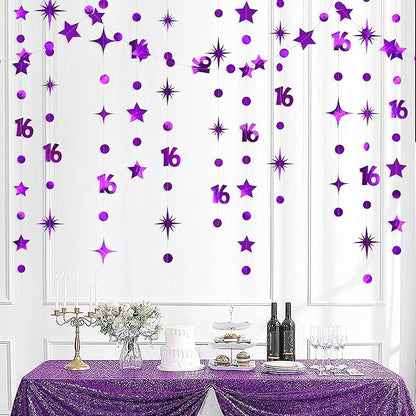 Purple Number 16 Circle Dot Twinkle Star Garland Kit Metallic Hanging Streamer Bunting Banner Backdrop Decorations for Girls Boys 16th Birthday Sweet Sixteen Wedding Anniversary Bridal Shower Party