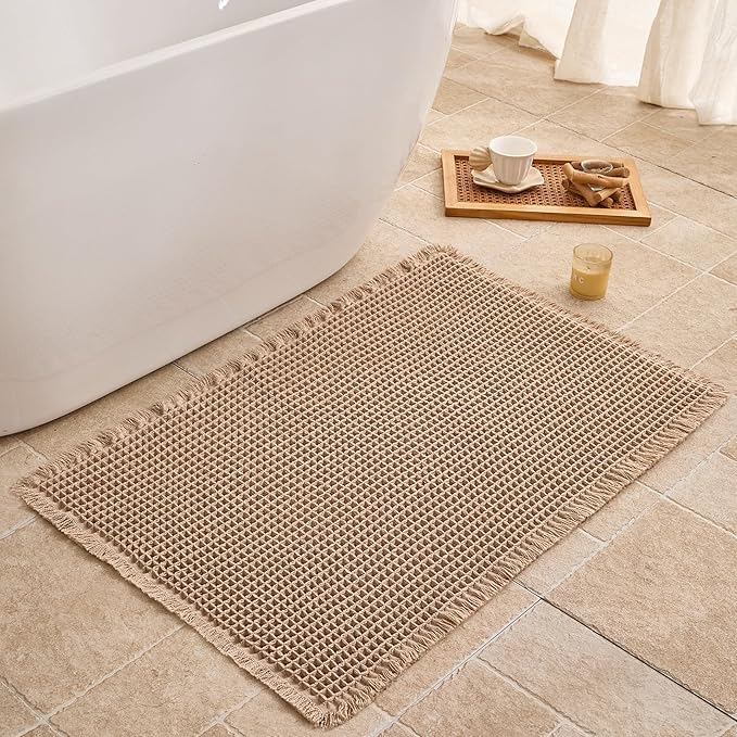 Waffle Bath Mat Non Slip, Boho Bathroom Rug, Super Absorbent Quick Dry Bathroom Mat, Soft Farmhouse Bath Rug with Tassels, Small Washable Shower Mats for Floor 16"x24", Brown