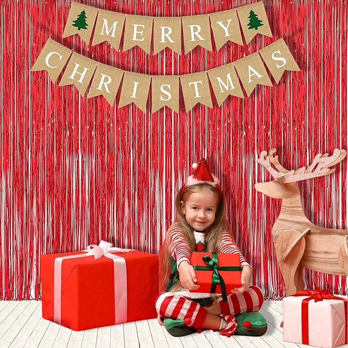 Foil Fringe Curtain Christmas Party Decorations - Red Metallic Tinsel Photo Booth Backdrop Party Steamers Curtains for Christmas New Years Valentines Engagement Celebration Party
