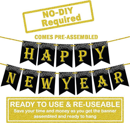 KatchOn, Black Gold Happy New Year Banner 2026-10 Feet | Happy New Year Sign, Happy New Years Decorations 2026 | NYE Banner for NYE Decorations 2026 | New Years Eve Party Supplies 2026