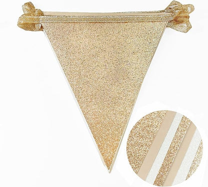 Champagne Gold Beige White Party Pennant Banner Flag Hanging Glitter Paper Triangle Bunting for Birthday Baby Shower Graduation Wedding Engagement Bridal Shower Holiday Baptism Party Decorations