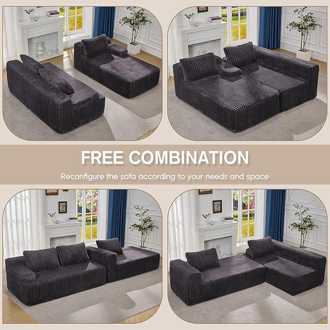 Hobestluk Modular Sectional Sofa Couches L-Shape Couch 3 Seat Modular Sofa Memory Foam Sectional Couches for Living Room, Cloud Couch with Oversized Chaise (108" Right Facing Chaise)