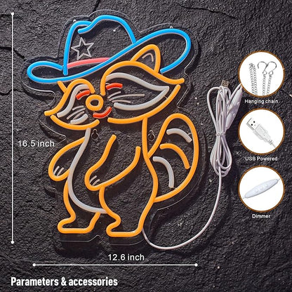Cowboy Racoon Neon Sign Raccoon Neon Light Cowboy LED Sign USB Powered Dimmable Art Signs for Bar Pub Store Man Cave Kids Room 16.2 X 12.6 inch