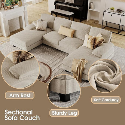 Furmax Sectional Couches for Living Room, U-Shaped Sofa Couch with Linen Fabric, 4 Seat Sofa Set with Double Chaise for Apartment (Corduroy, Beige)