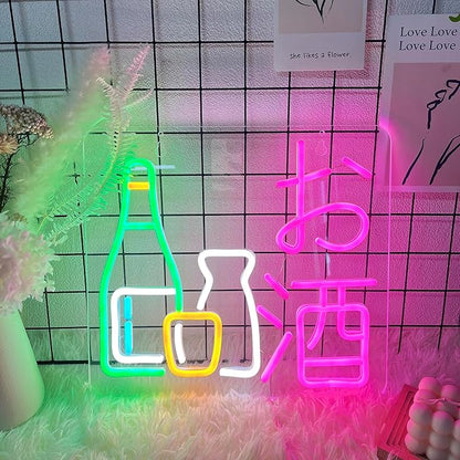Japanese Sake Neon Sign LED Neon Light for Business Wall Decor with Dimmable Switch for Wine Bar Club Party Restaurant お酒 Japanese Style USB Powered 13.8" x 12.6"