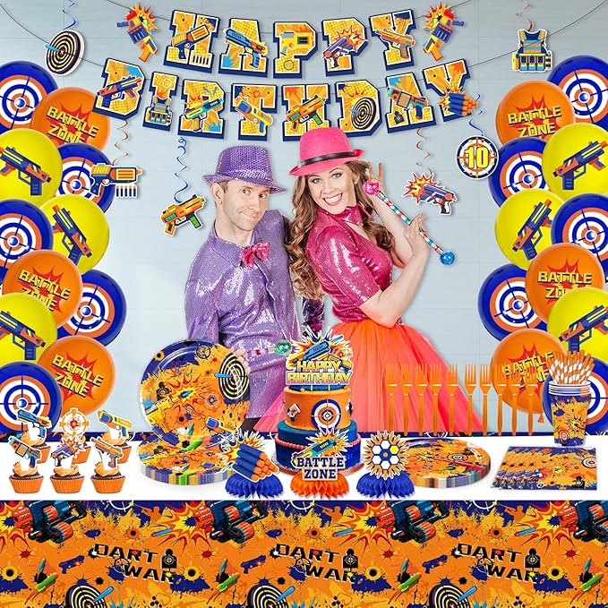 188PCS Dart War Party Supplies Birthday Decorations Dart Battle Disposable Plates Napkins Set, Banner, Hanging Swirls, Tablecloth, Cake Topper, Balloon, Honeycomb Centerpieces Table Decorations