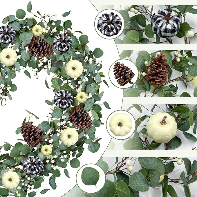Fall Garland with Lights,Eucalyptus Garland with Berries Pumpkins Pinecone，Farmhouse Mantle Table Garlands for Thanksgiving Christmas Home Decor