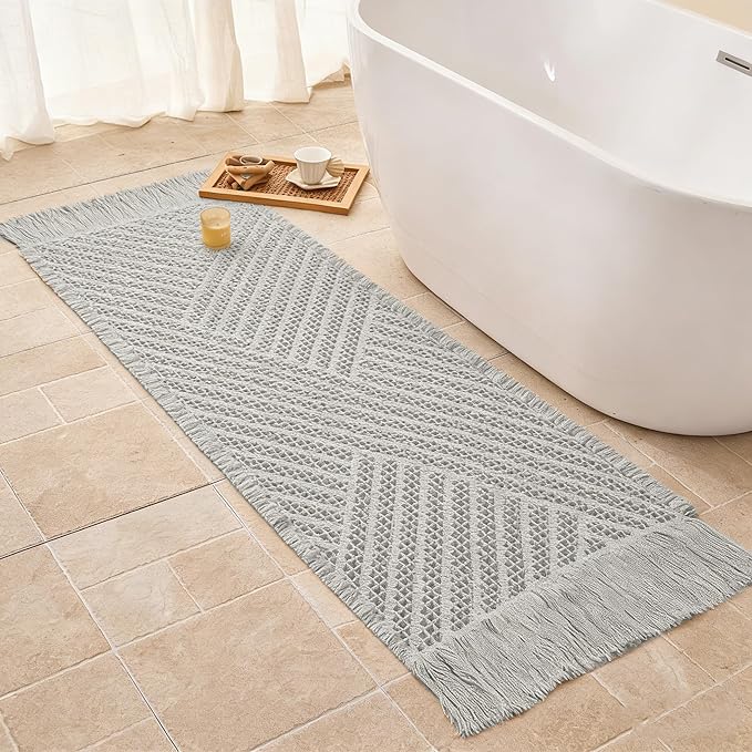 Waffle Runner Rug Non Slip, Boho Bath Mat, Super Absorbent Quick Dry Long Bath Runner Bathroom, Soft Farmhouse Bath Rug with Tassels, Washable Shower Mats for Floor 24"x72", Tassels Light Grey