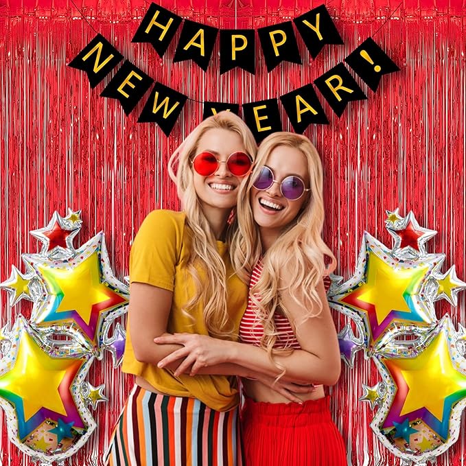 Foil Fringe Curtain Christmas Party Decorations - Red Metallic Tinsel Photo Booth Backdrop Party Steamers Curtains for Christmas New Years Valentines Engagement Celebration Party