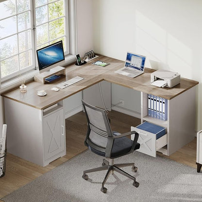 YITAHOME L Shaped Desk with Power Outlets, 60 Inch Computer Desk Corner Desk with File Drawer, Home Office Desk with Monitor Stand & Storage Shelves, L-Shaped Desk with File Cabinet, Grey Wash