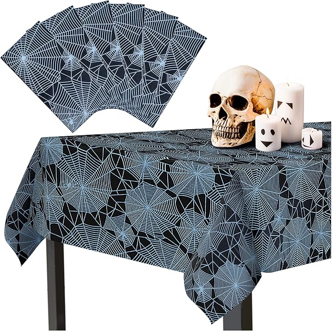 Halloween Tablecloths - 6-Pack Disposable Spider Web Plastic Table Covers, 54 x 108 Inches, Party Decorations